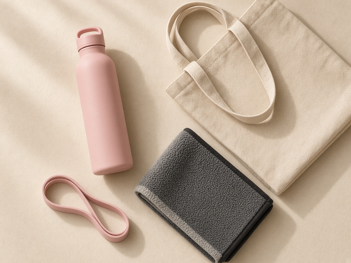 Botella, tote y toalla en flat lay